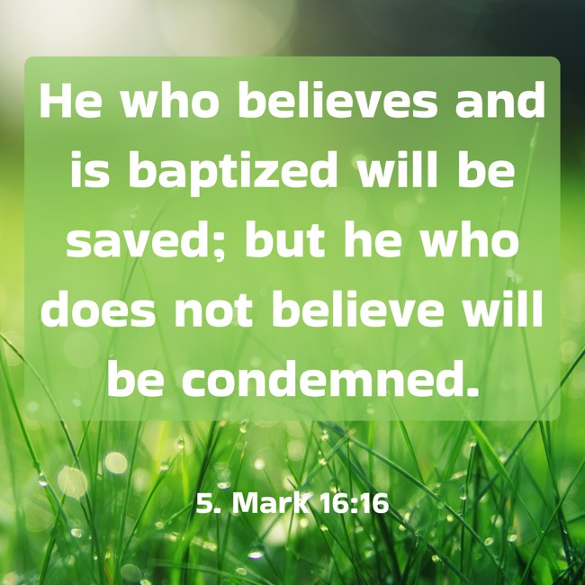 He who believes and is baptized will be saved; but he who does not believe will be condemned. - 5. Mark 16:16