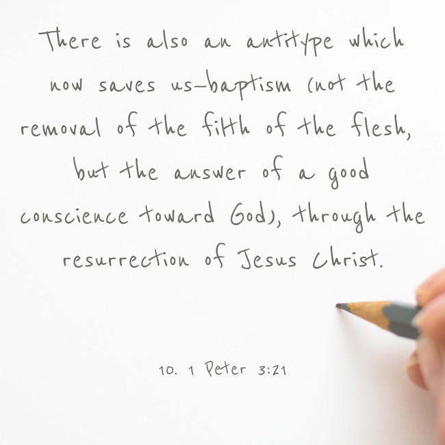 There is also an antitype which now saves us—baptism (not the removal of the filth of the flesh, but the answer of a good conscience toward God), through the resurrection of Jesus Christ. - 10. 1 Peter 3:21