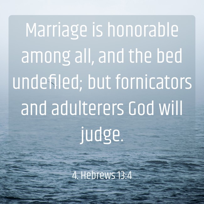 Marriage is honorable among all, and the bed undefiled; but fornicators and adulterers God will judge. - 4. Hebrews 13:4