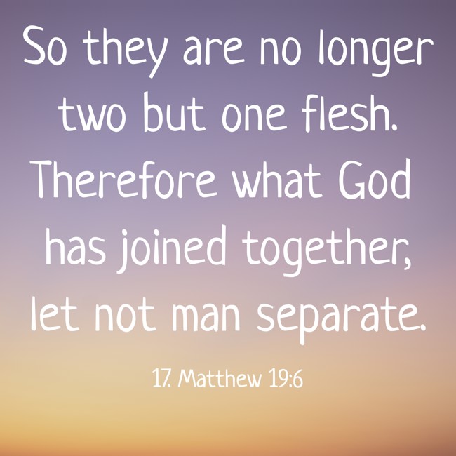 So they are no longer two but one flesh. Therefore what God has joined together, let not man separate. - 17. Matthew 19:6