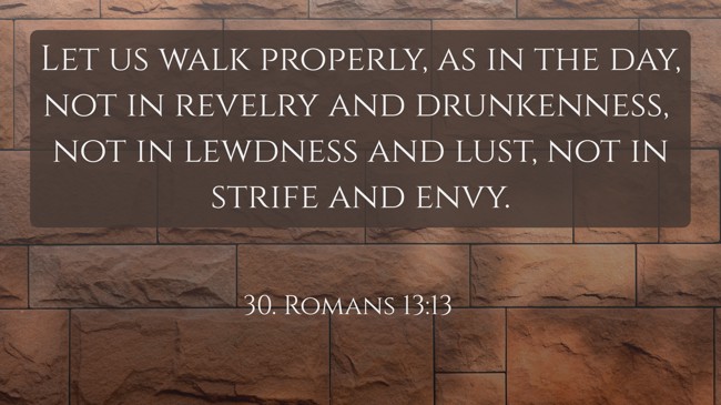 Let us walk properly, as in the day, not in revelry and drunkenness, not in lewdness and lust, not in strife and envy. - 30. Romans 13:13