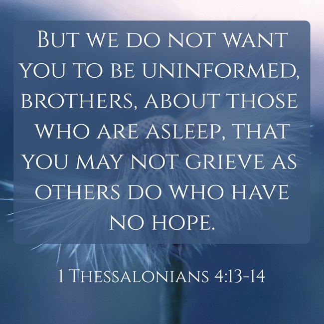 But we do not want you to be uninformed, brothers, about those who are asleep, that you may not grieve as others do who have no hope. - 1 Thessalonians 4:13-14