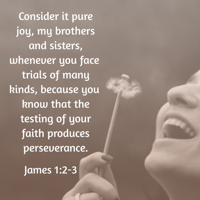 Consider it pure joy, my brothers and sisters, whenever you face trials of many kinds, because you know that the testing of your faith produces perseverance. - James 1:2-3