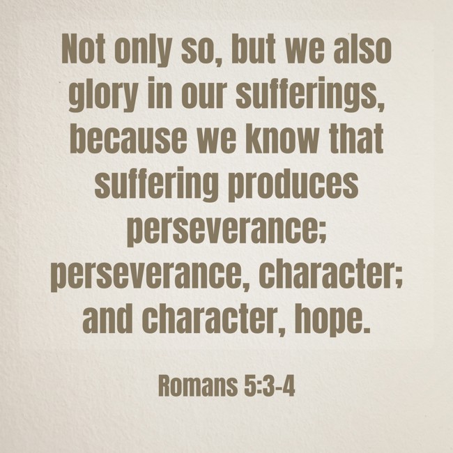 Not only so, but we also glory in our sufferings, because we know that suffering produces perseverance; perseverance, character; and character, hope. - Romans 5:3-4
