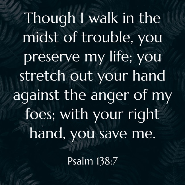 Though I walk in the midst of trouble, you preserve my life; you stretch out your hand against the anger of my foes; with your right hand, you save me. - Psalm 138:7