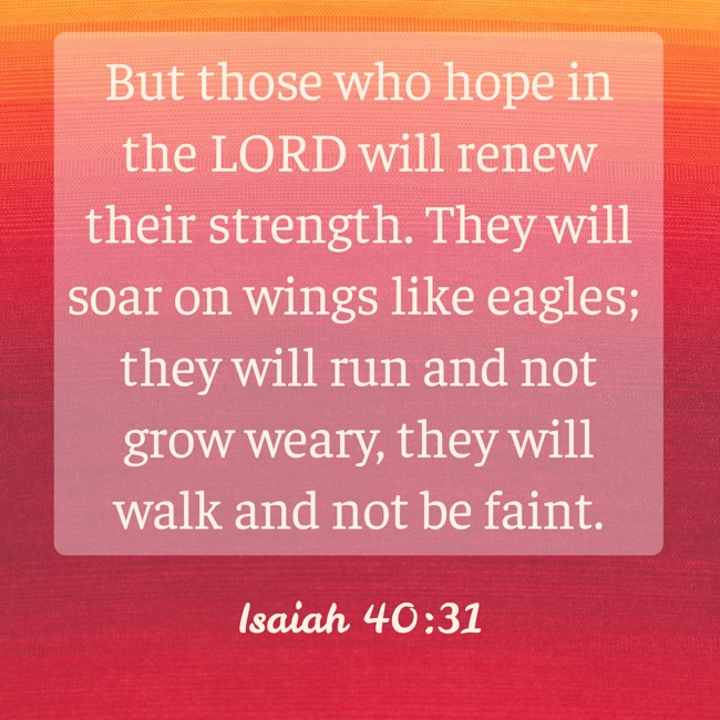 But those who hope in the LORD will renew their strength. They will soar on wings like eagles; they will run and not grow weary, they will walk and not be faint. - Isaiah 40:31