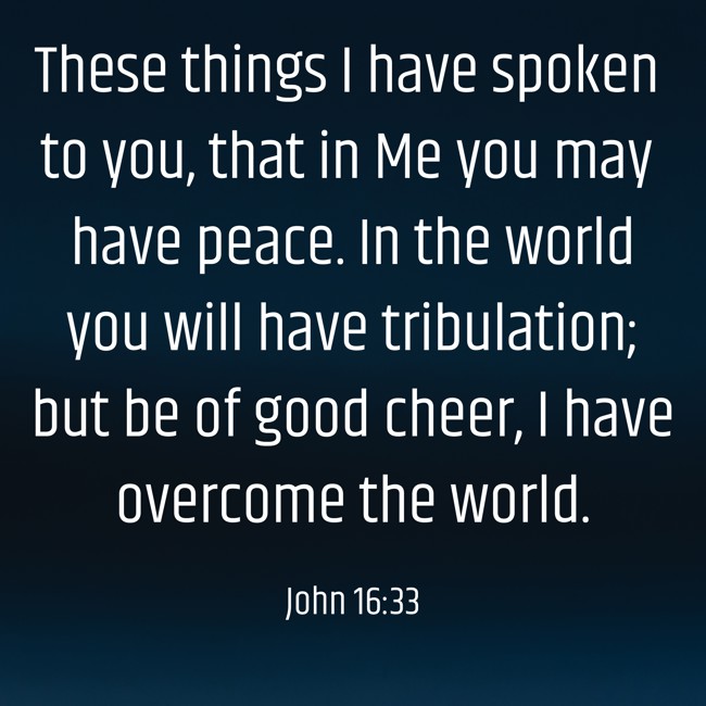 These things I have spoken to you, that in Me you may have peace. In the world you will have tribulation; but be of good cheer, I have overcome the world. - John 16:33
