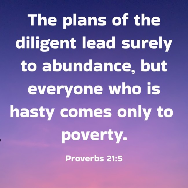 The plans of the diligent lead surely to abundance, but everyone who is hasty comes only to poverty. - Proverbs 21:5