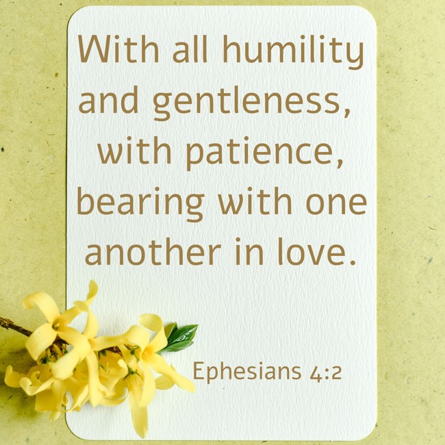 With all humility and gentleness, with patience, bearing with one another in love. - Ephesians 4:2