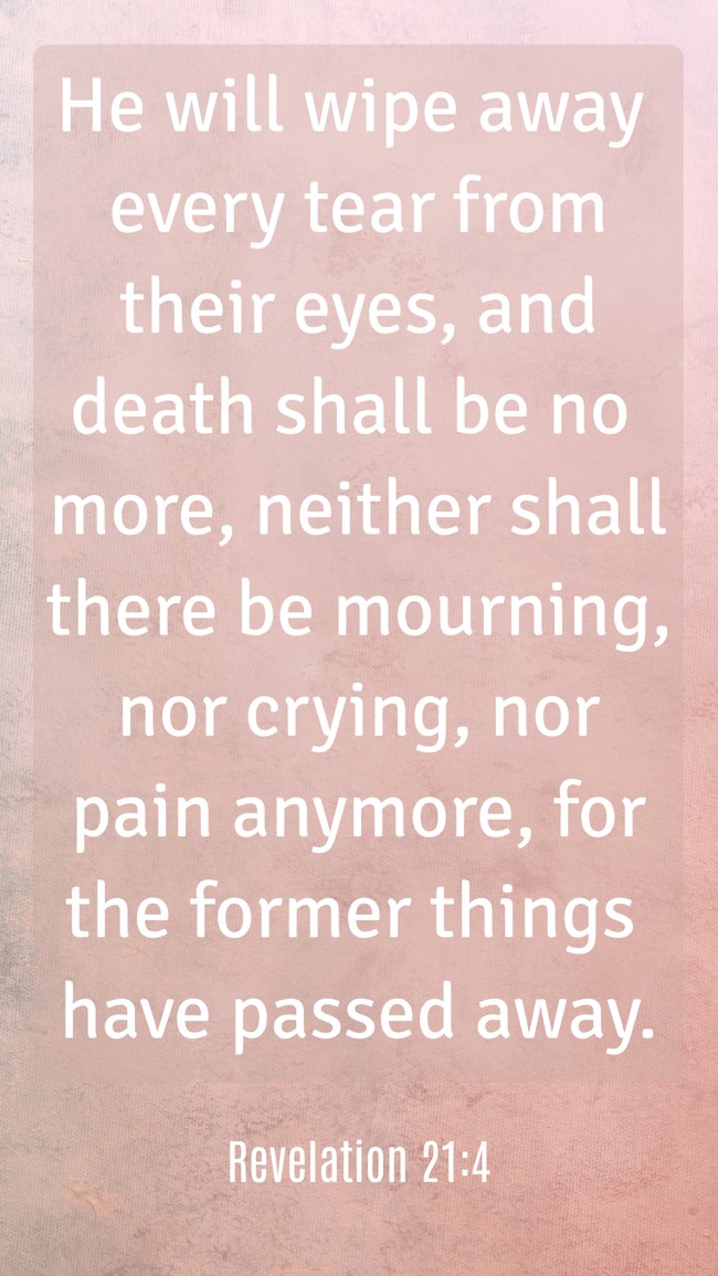 He will wipe away every tear from their eyes, and death shall be no more, neither shall there be mourning, nor crying, nor pain anymore, for the former things have passed away. - Revelation 21:4