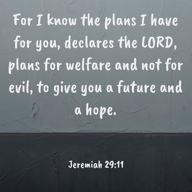 For I know the plans I have for you, declares the LORD, plans for welfare and not for evil, to give you a future and a hope. - Jeremiah 29:11