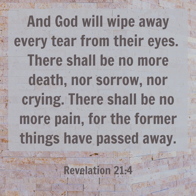 And God will wipe away every tear from their eyes. There shall be no more death, nor sorrow, nor crying. There shall be no more pain, for the former things have passed away. - Revelation 21:4