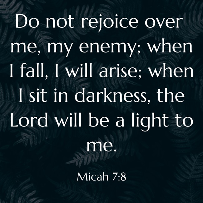 Do not rejoice over me, my enemy; when I fall, I will arise; when I sit in darkness, the Lord will be a light to me. - Micah 7:8