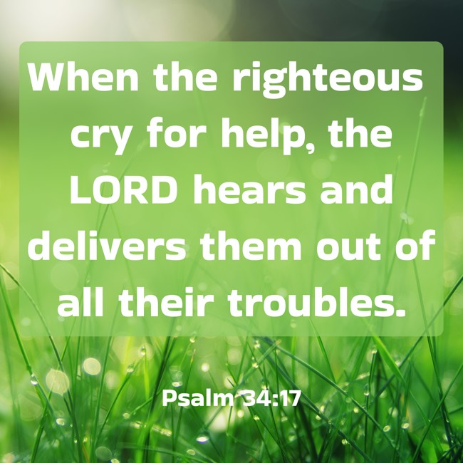  When the righteous cry for help, the LORD hears and delivers them out of all their troubles.   - Psalm 34:17 