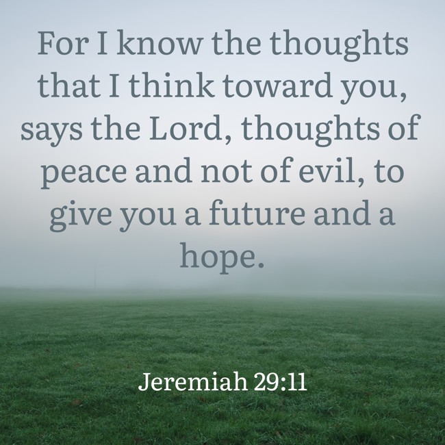 For I know the thoughts that I think toward you, says the Lord, thoughts of peace and not of evil, to give you a future and a hope.
- Jeremiah 29:11