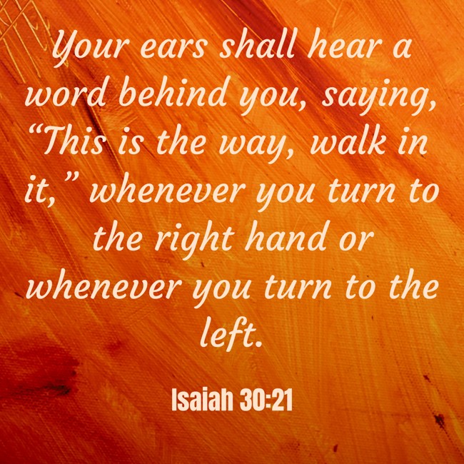 Your ears shall hear a word behind you, saying, “This is the way, walk in it,” whenever you turn to the right hand or whenever you turn to the left.
- Isaiah 30:21