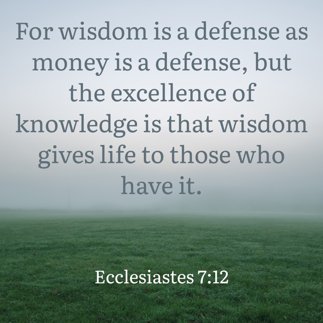 For wisdom is a defense as money is a defense, but the excellence of knowledge is that wisdom gives life to those who have it. - Ecclesiastes 7:12