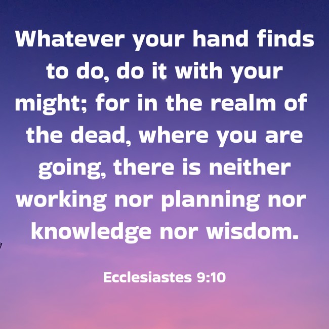 Whatever your hand finds to do, do it with your might; for in the realm of the dead, where you are going, there is neither working nor planning nor knowledge nor wisdom. - Ecclesiastes 9:10
