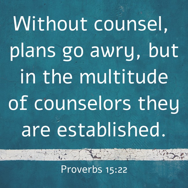 Without counsel, plans go awry, but in the multitude of counselors they are established. - Proverbs 15:22