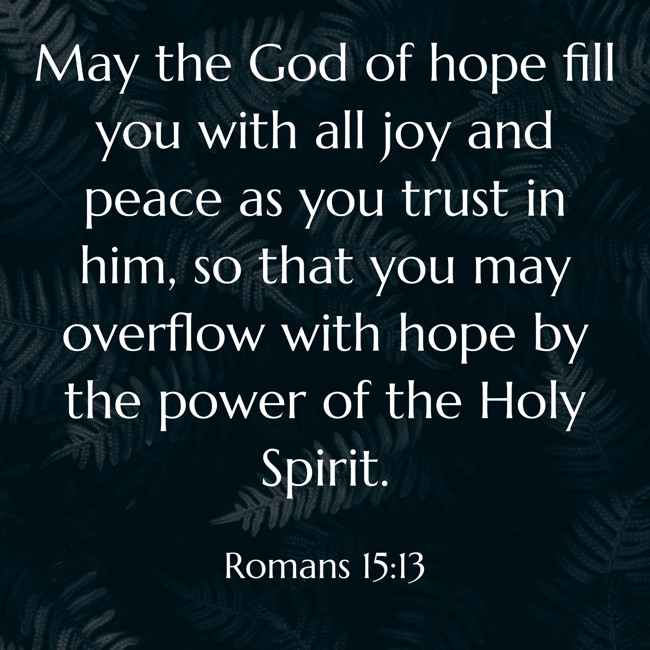  May the God of hope fill you with all joy and peace as you trust in him, so that you may overflow with hope by the power of the Holy Spirit.   - Romans 15:13 