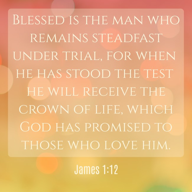 Blessed is the man who remains steadfast under trial, for when he has stood the test he will receive the crown of life, which God has promised to those who love him. - James 1:12