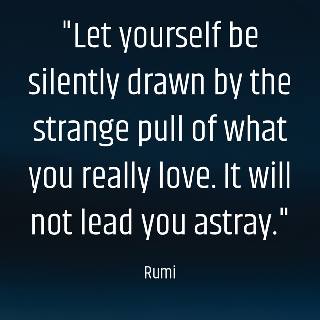 Let yourself be silently drawn by the strange pull of what you really love. It will not lead you astray. - Rumi