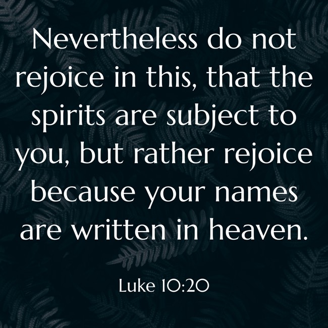 Nevertheless do not rejoice in this, that the spirits are subject to you, but rather rejoice because your names are written in heaven. - Luke 10:20