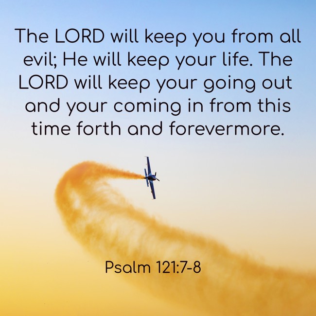 The LORD will keep you from all evil; He will keep your life. The LORD will keep your going out and your coming in from this time forth and forevermore. - Psalm 121:7-8