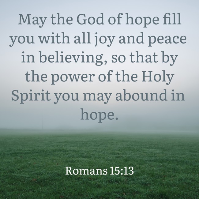 May the God of hope fill you with all joy and peace in believing, so that by the power of the Holy Spirit you may abound in hope. - Romans 15:13