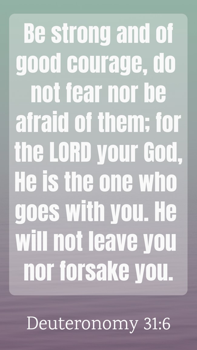 Be strong and of good courage, do not fear nor be afraid of them; for the LORD your God, He is the one who goes with you. He will not leave you nor forsake you. - Deuteronomy 31:6