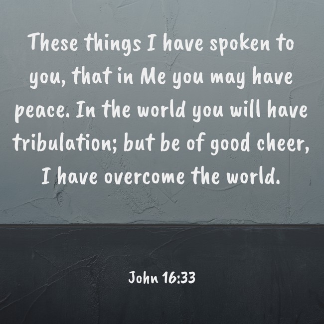 These things I have spoken to you, that in Me you may have peace. In the world you will have tribulation; but be of good cheer, I have overcome the world. - John 16:33