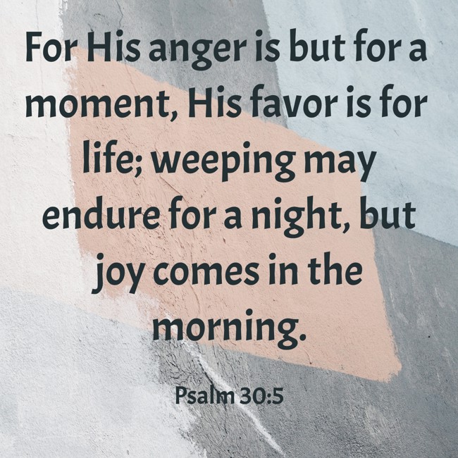 For His anger is but for a moment, His favor is for life; weeping may endure for a night, but joy comes in the morning. - Psalm 30:5