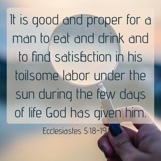 It is good and proper for a man to eat and drink and to find satisfaction in his toilsome labor under the sun during the few days of life God has given him. - Ecclesiastes 5:18-19