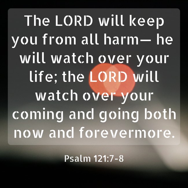 The LORD will keep you from all harm— he will watch over your life; the LORD will watch over your coming and going both now and forevermore. - Psalm 121:7-8