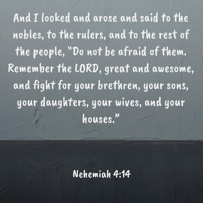 And I looked and arose and said to the nobles, to the rulers, and to the rest of the people, “Do not be afraid of them. Remember the LORD, great and awesome, and fight for your brethren, your sons, your daughters, your wives, and your houses.” - Nehemiah 4:14