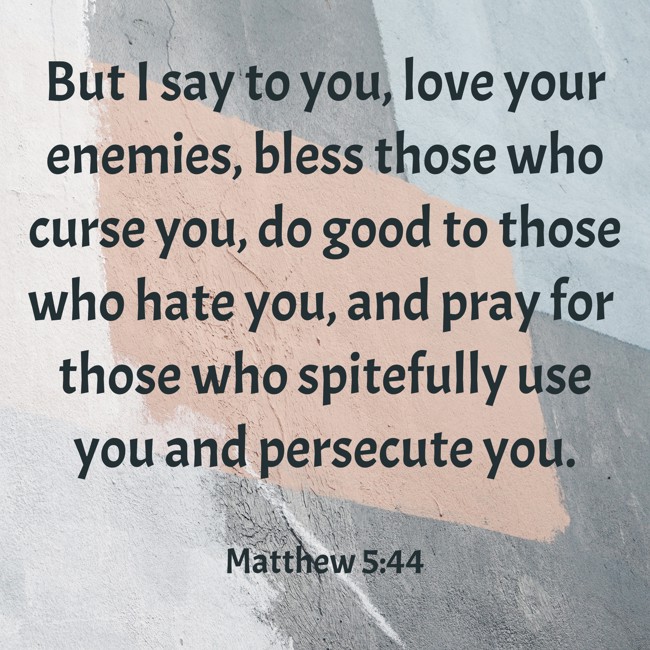 But I say to you, love your enemies, bless those who curse you, do good to those who hate you, and pray for those who spitefully use you and persecute you. - Matthew 5:44