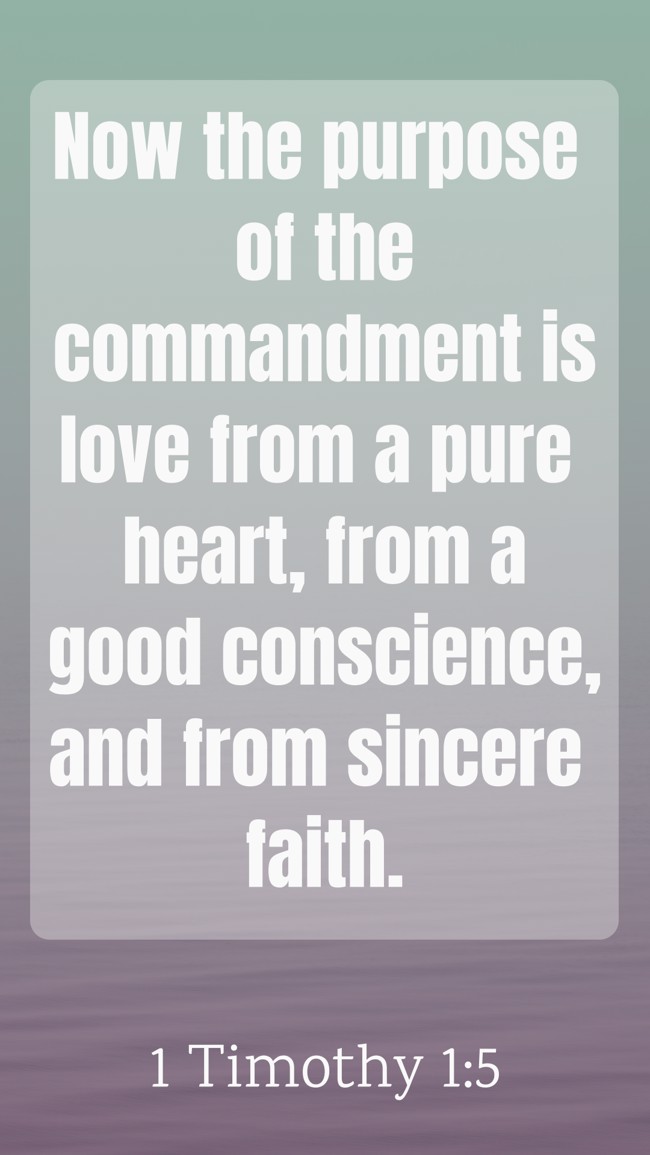 Now the purpose of the commandment is love from a pure heart, from a good conscience, and from sincere faith. - 1 Timothy 1:5