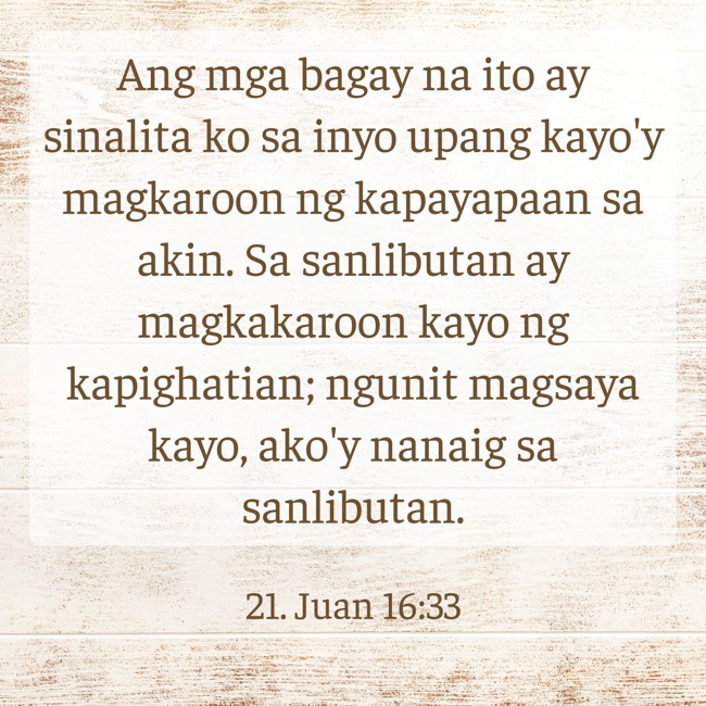 Ang mga bagay na ito ay sinalita ko sa inyo upang kayo'y magkaroon ng kapayapaan sa akin. Sa sanlibutan ay magkakaroon kayo ng kapighatian; ngunit magsaya kayo, ako'y nanaig sa sanlibutan. - 21. Juan 16:33