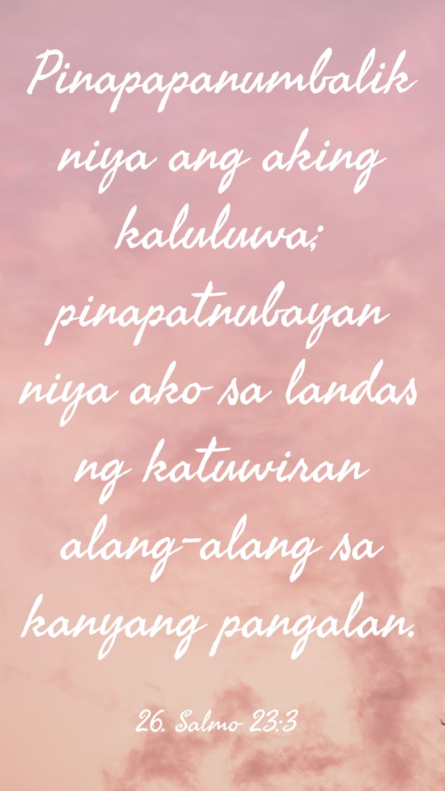Pinapapanumbalik niya ang aking kaluluwa; pinapatnubayan niya ako sa landas ng katuwiran alang-alang sa kanyang pangalan. - 26. Salmo 23:3