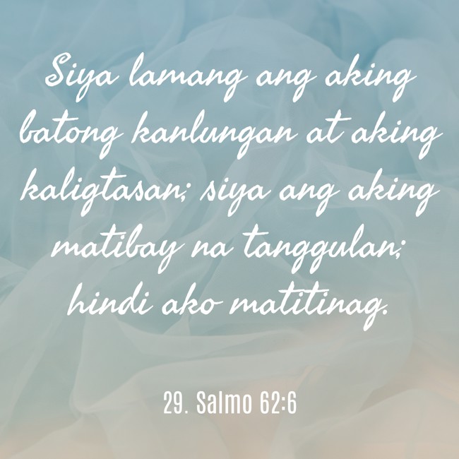 Siya lamang ang aking batong kanlungan at aking kaligtasan; siya ang aking matibay na tanggulan; hindi ako matitinag. - 29. Salmo 62:6