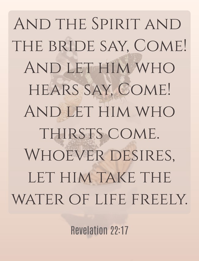 And the Spirit and the bride say, Come! And let him who hears say, Come! And let him who thirsts come. Whoever desires, let him take the water of life freely. - Revelation 22:17