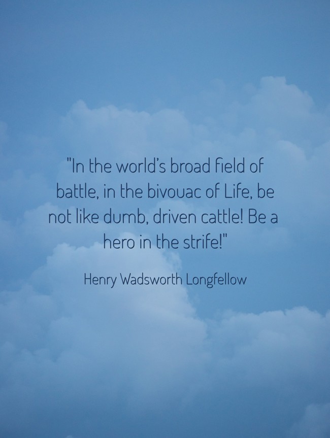 In the world’s broad field of battle, in the bivouac of Life, be not like dumb, driven cattle! Be a hero in the strife! - Henry Wadsworth Longfellow