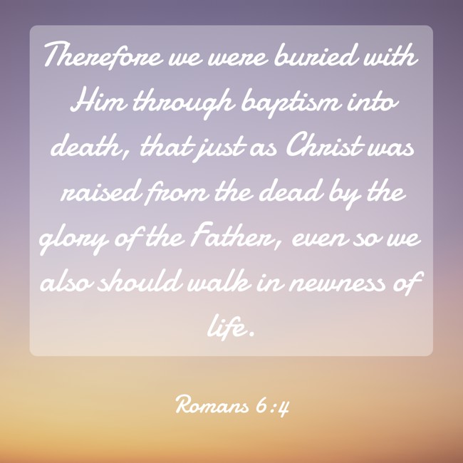 Therefore we were buried with Him through baptism into death, that just as Christ was raised from the dead by the glory of the Father, even so we also should walk in newness of life. - Romans 6:4