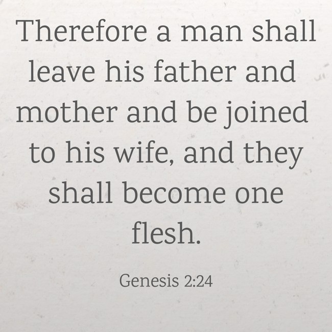 Therefore a man shall leave his father and mother and be joined to his wife, and they shall become one flesh.   - Genesis 2:24 