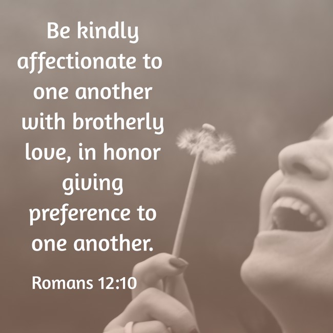  Be kindly affectionate to one another with brotherly love, in honor giving preference to one another.   - Romans 12:10 