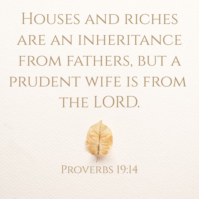  Houses and riches are an inheritance from fathers, but a prudent wife is from the LORD.   - Proverbs 19:14 
