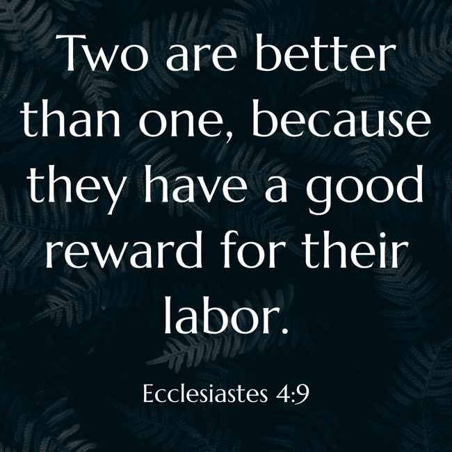  Two are better than one, because they have a good reward for their labor.   - Ecclesiastes 4:9 