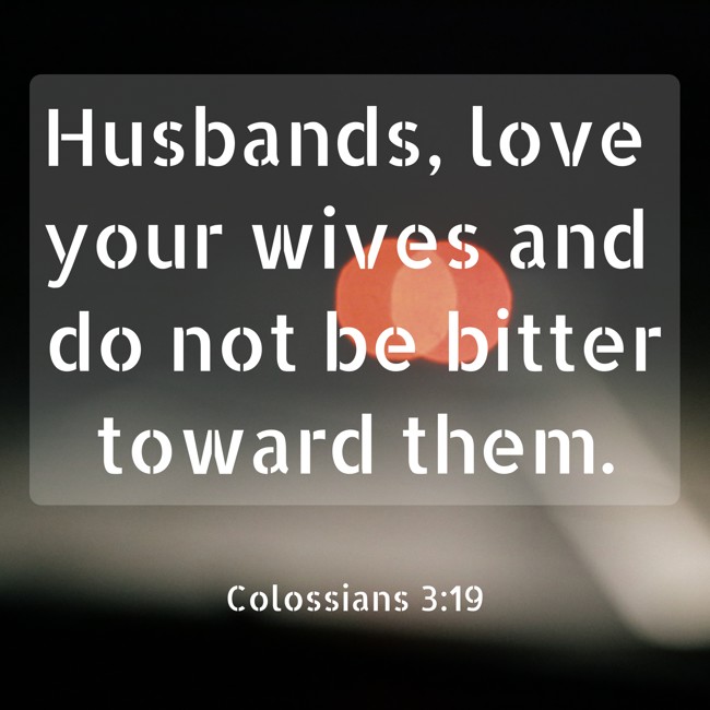  Husbands, love your wives and do not be bitter toward them.   - Colossians 3:19 