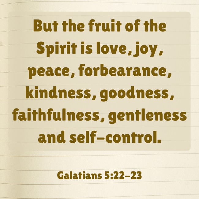 But the fruit of the Spirit is love, joy, peace, forbearance, kindness, goodness, faithfulness, gentleness and self-control. - Galatians 5:22-23