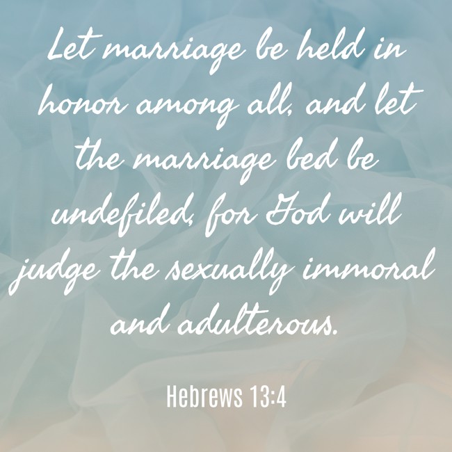 Let marriage be held in honor among all, and let the marriage bed be undefiled, for God will judge the sexually immoral and adulterous. - Hebrews 13:4